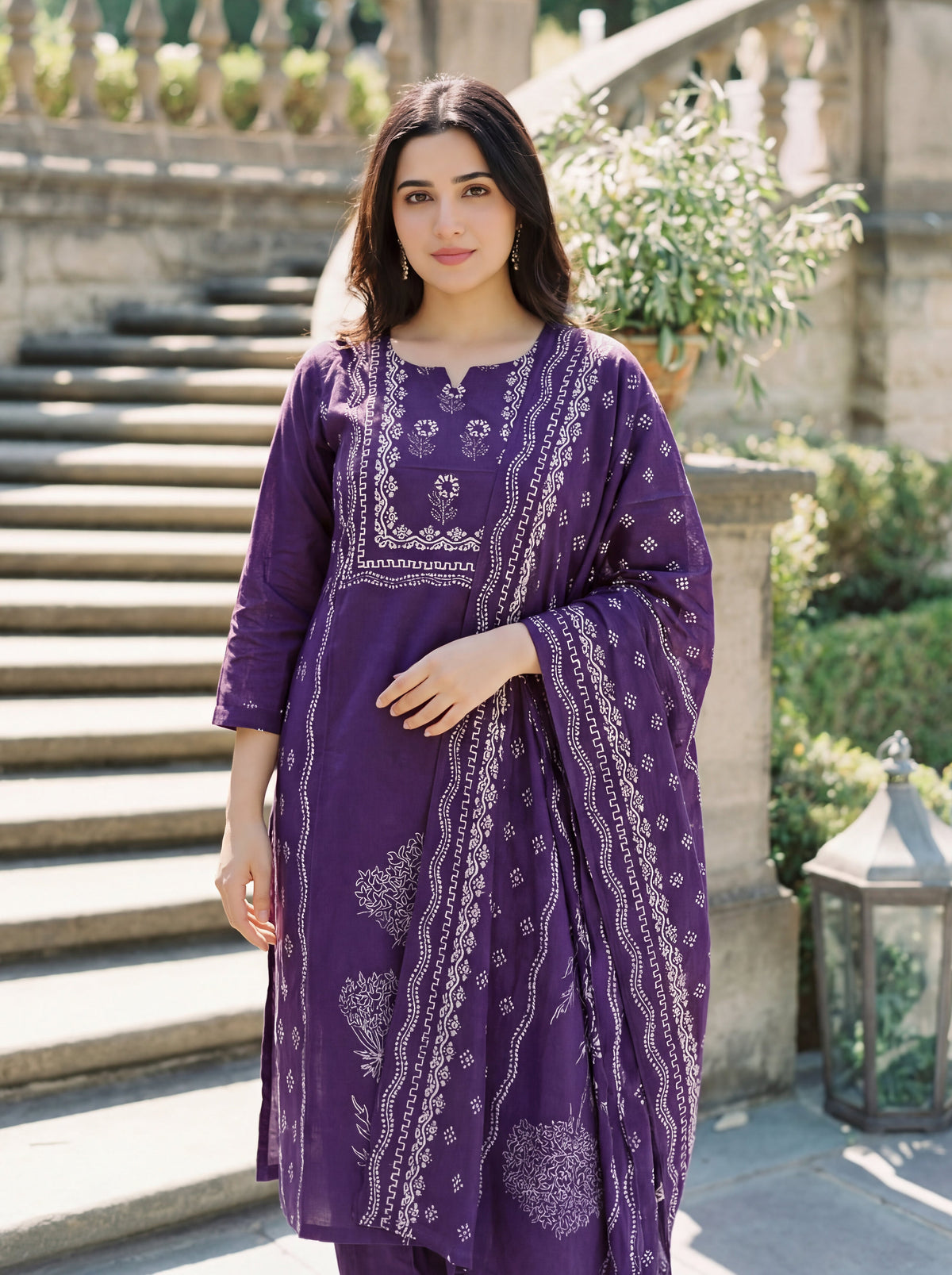 Aadesh Fashion Dark Purple Muslin Position Printed Kurti Pant Set with Dupatta