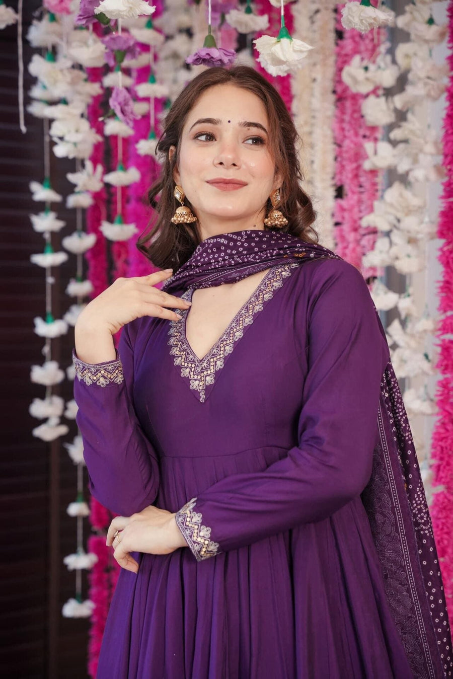 Aadesh Fashion Muskan Wine Deep Purple Silk Anarkali Kurti Palazzo Set with Bandhani Dupatta