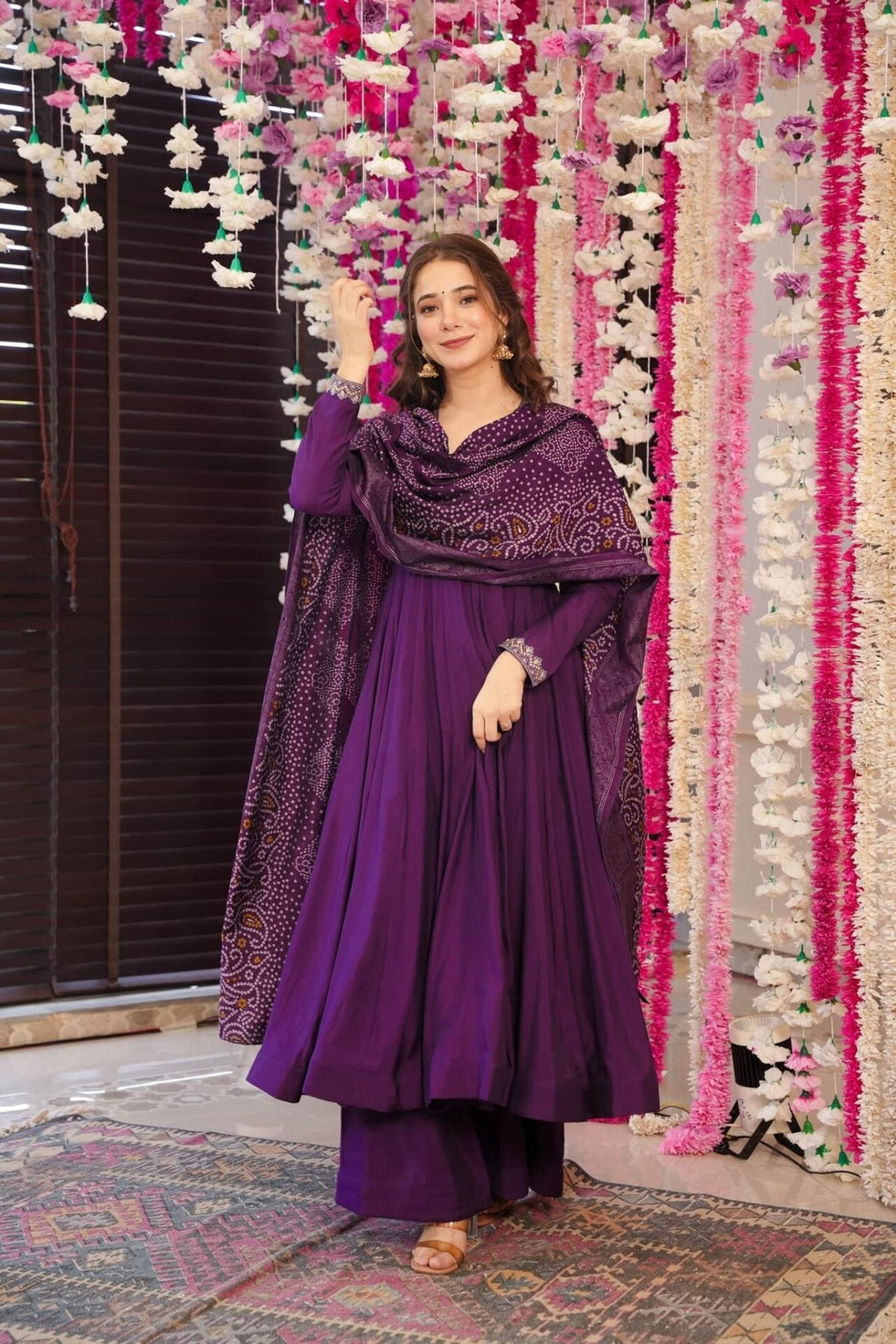 Aadesh Fashion Muskan Wine Deep Purple Silk Anarkali Kurti Palazzo Set with Bandhani Dupatta