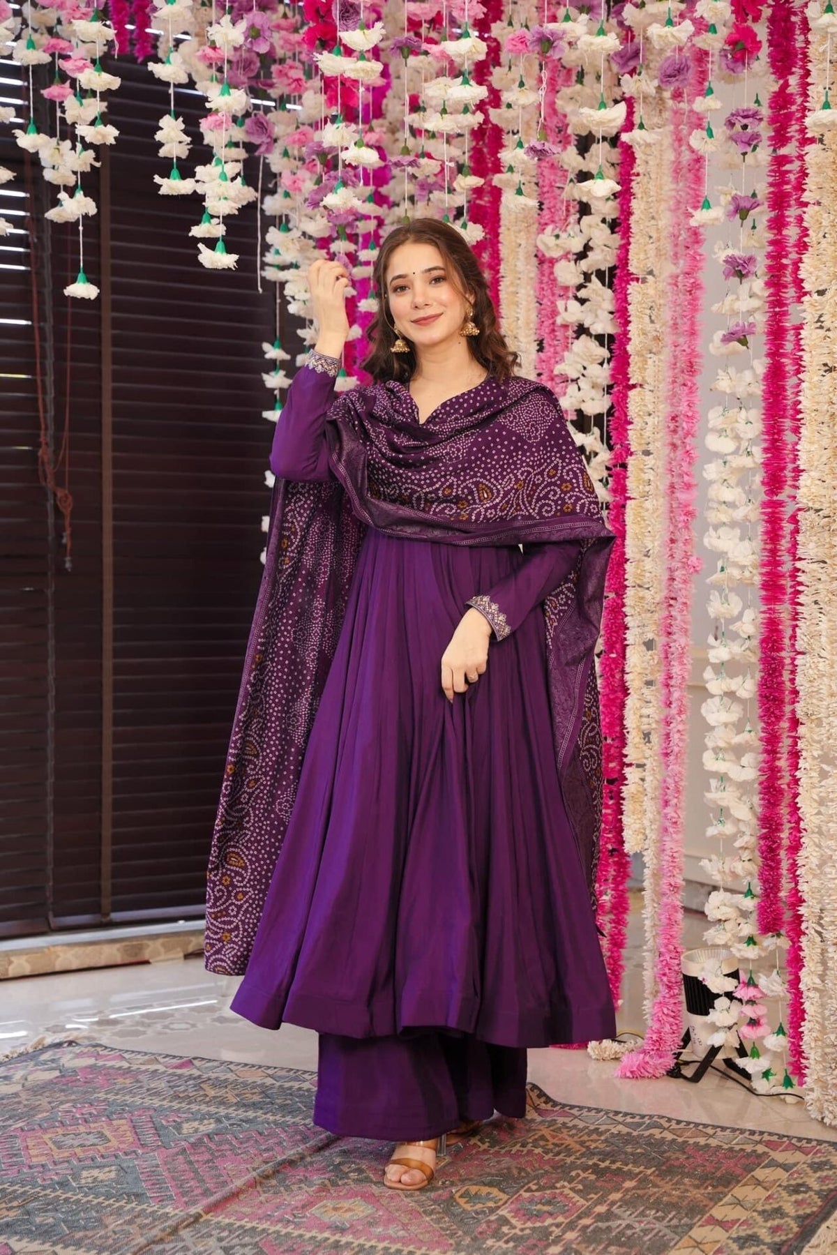 Aadesh Fashion Muskan Wine Deep Purple Silk Anarkali Kurti Palazzo Set with Bandhani Dupatta