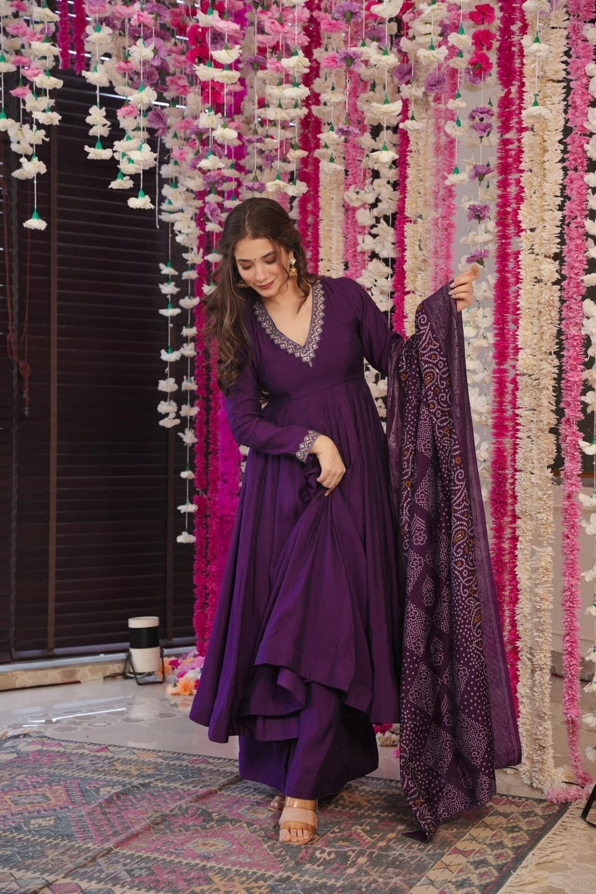Aadesh Fashion Muskan Wine Deep Purple Silk Anarkali Kurti Palazzo Set with Bandhani Dupatta