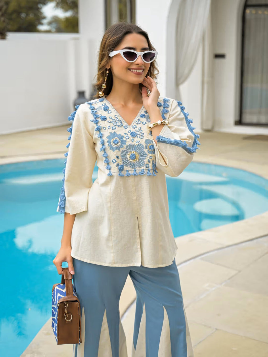 Aadesh Fashion Ivory White Short Kurti with Blue Kali Flared Palazzo Set