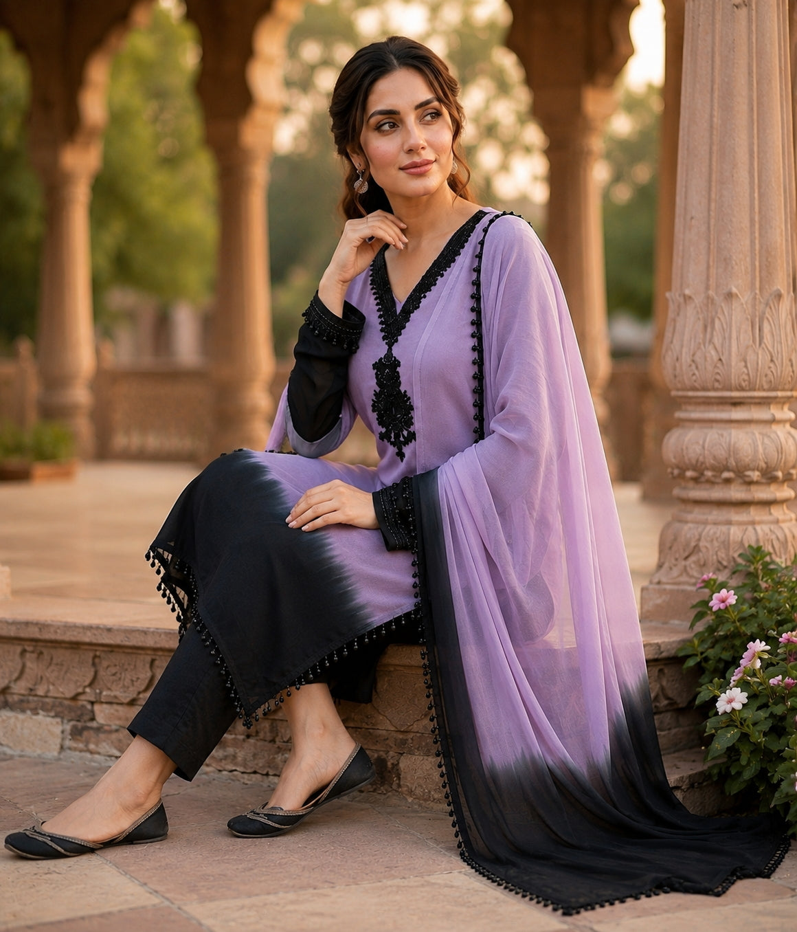 Aadesh Fashion Lavender & Black Crepe Silk Ombre Kurti Pant Set with Georgette Dupatta
