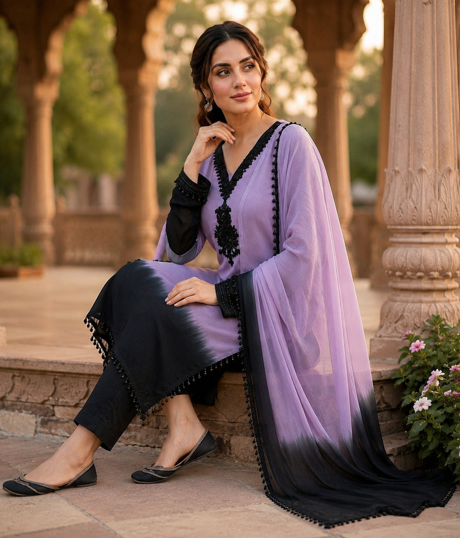 Aadesh Fashion Lavender & Black Crepe Silk Ombre Kurti Pant Set with Georgette Dupatta