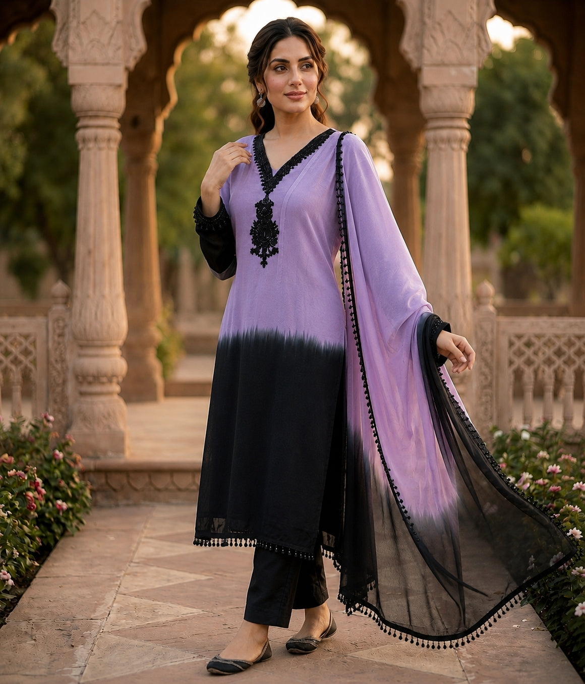 Aadesh Fashion Lavender & Black Crepe Silk Ombre Kurti Pant Set with Georgette Dupatta
