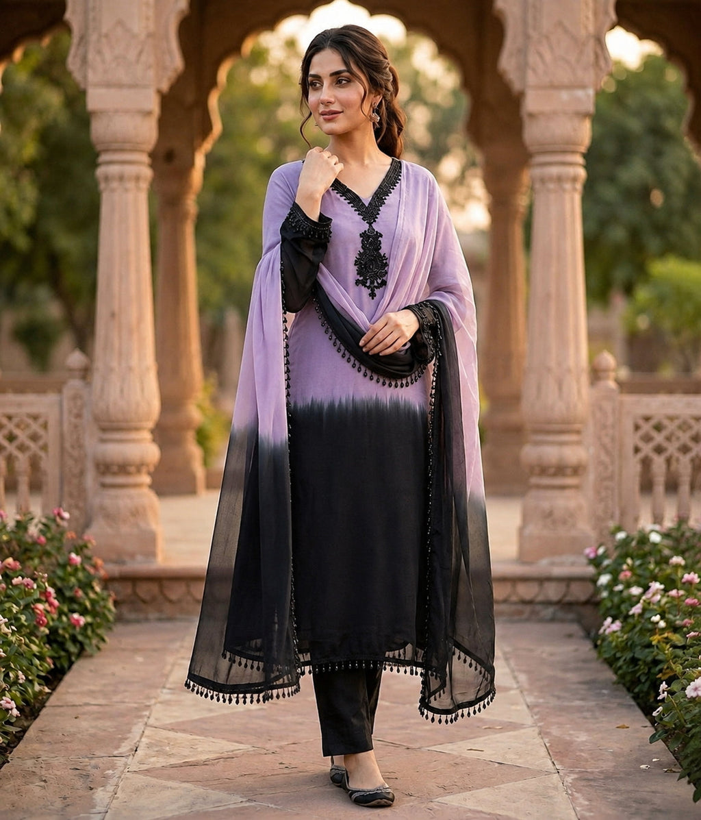 Aadesh Fashion Lavender & Black Crepe Silk Ombre Kurti Pant Set with Georgette Dupatta