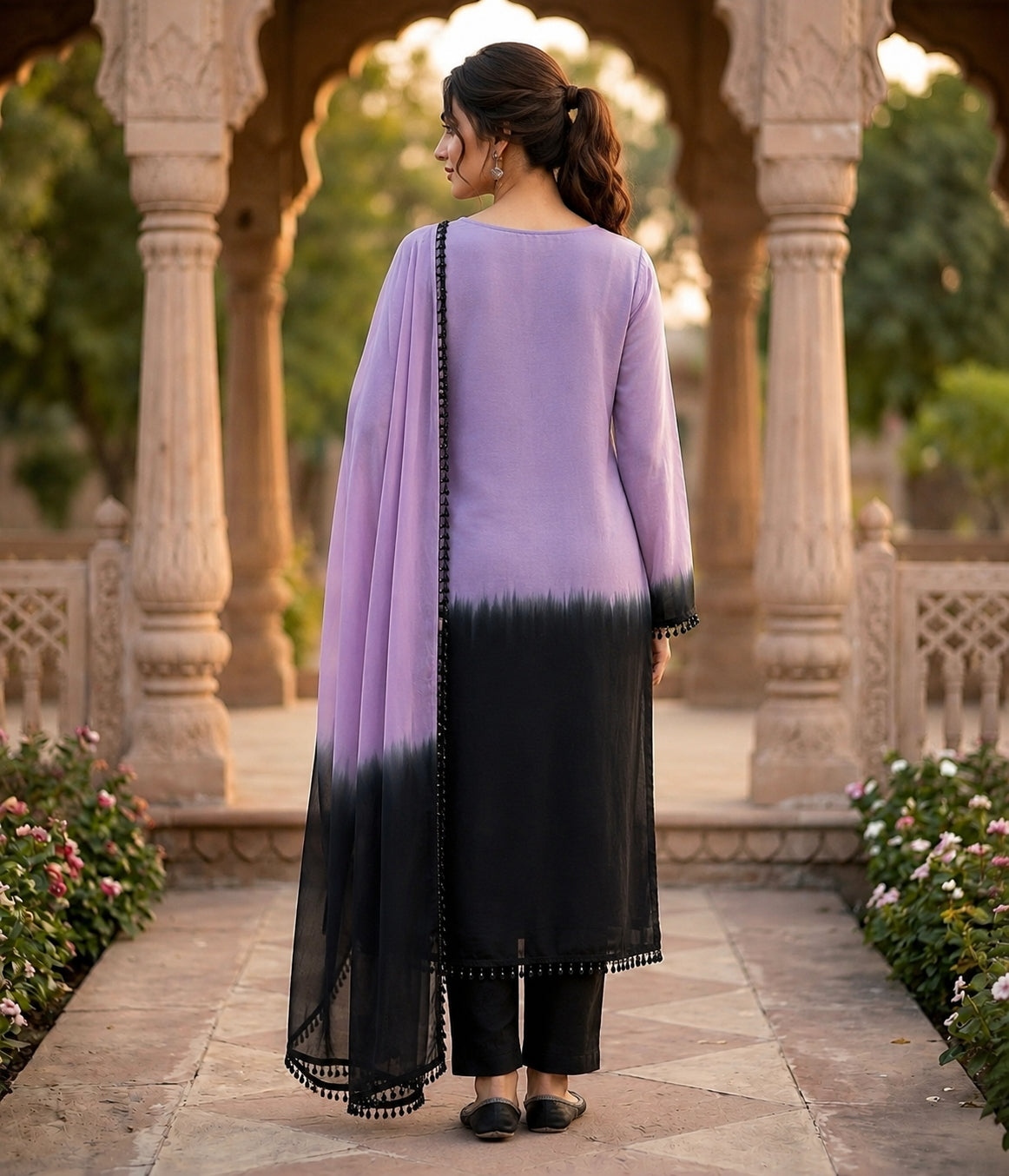 Aadesh Fashion Lavender & Black Crepe Silk Ombre Kurti Pant Set with Georgette Dupatta