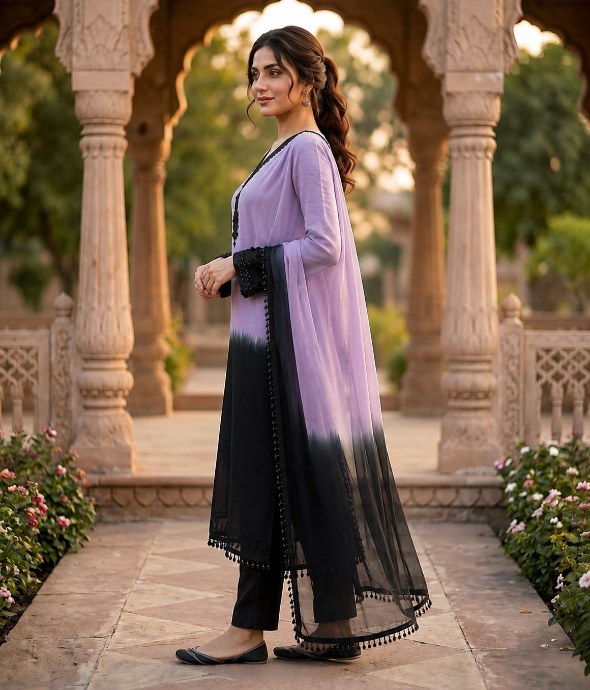 Aadesh Fashion Lavender & Black Crepe Silk Ombre Kurti Pant Set with Georgette Dupatta