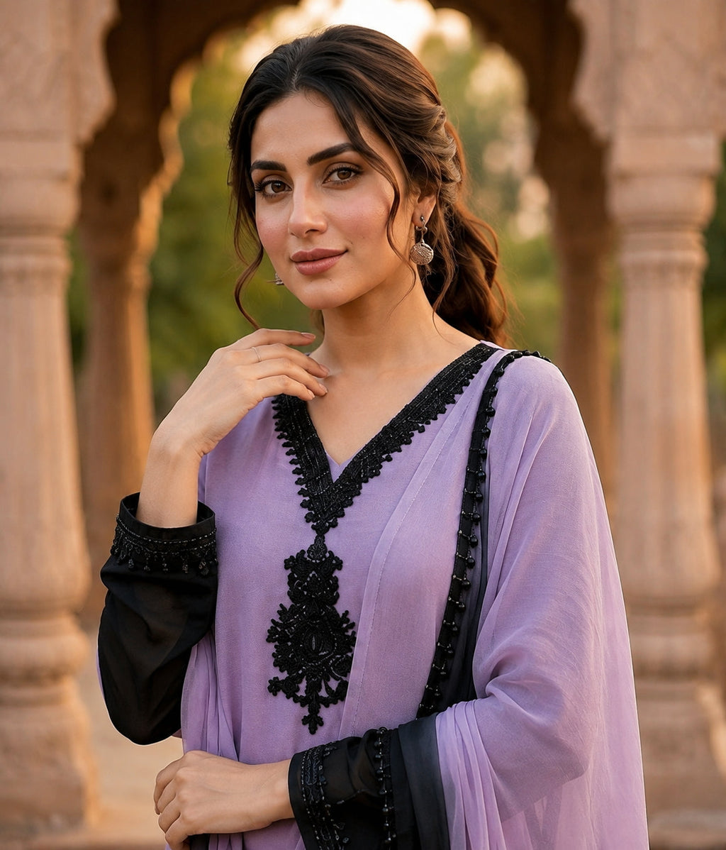 Aadesh Fashion Lavender & Black Crepe Silk Ombre Kurti Pant Set with Georgette Dupatta
