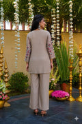 Aadesh Fashion Beige Vichitra Silk Short Kurti Pant Set with Kashmiri Floral Embroidery
