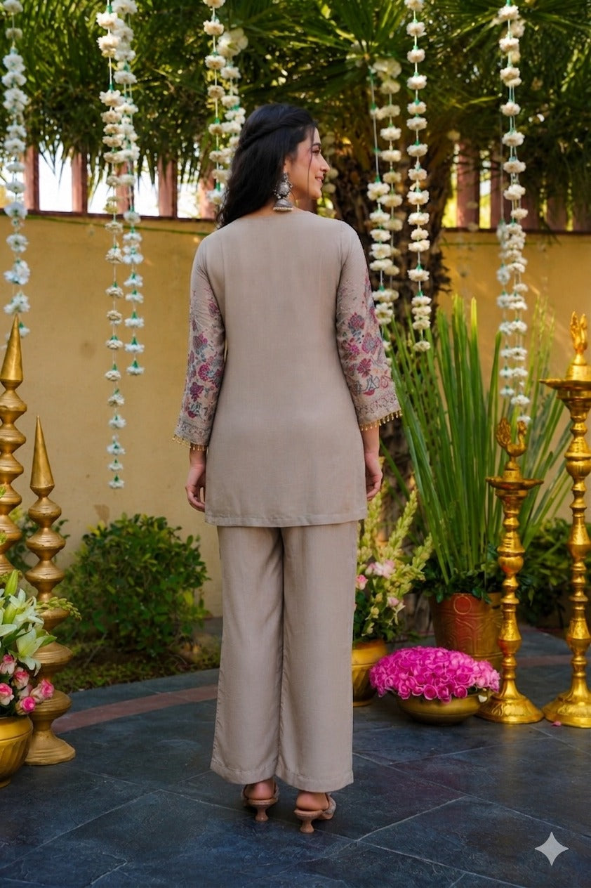 Aadesh Fashion Beige Vichitra Silk Short Kurti Pant Set with Kashmiri Floral Embroidery