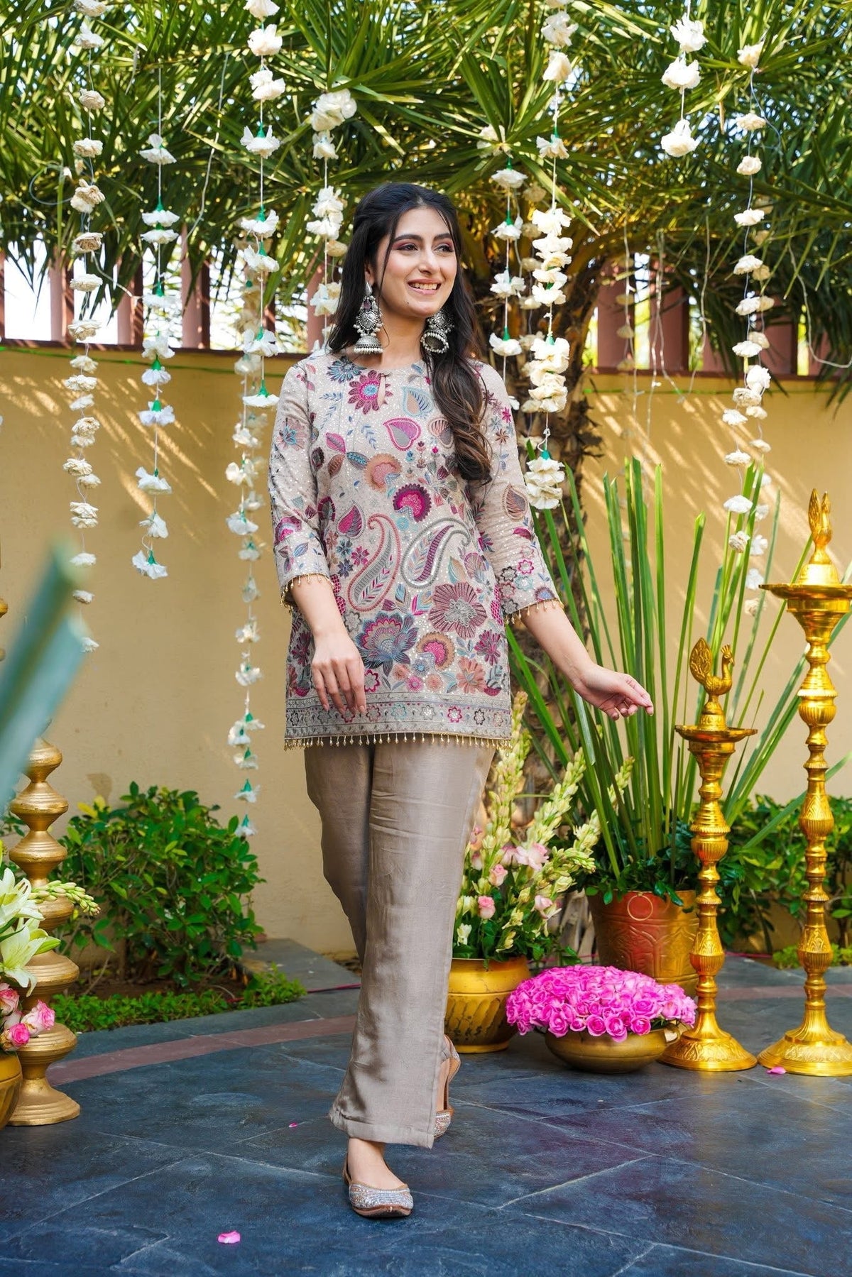 Aadesh Fashion Beige Vichitra Silk Short Kurti Pant Set with Kashmiri Floral Embroidery