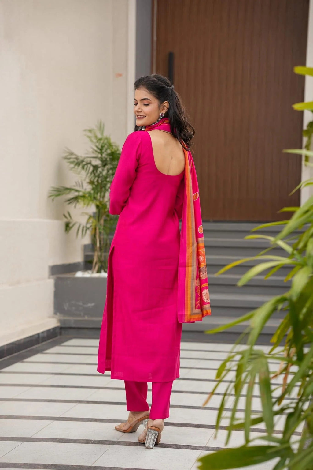 Aadesh Fashion Rani Pink Silk Floral Digital Position Printed Kurti Pant Set