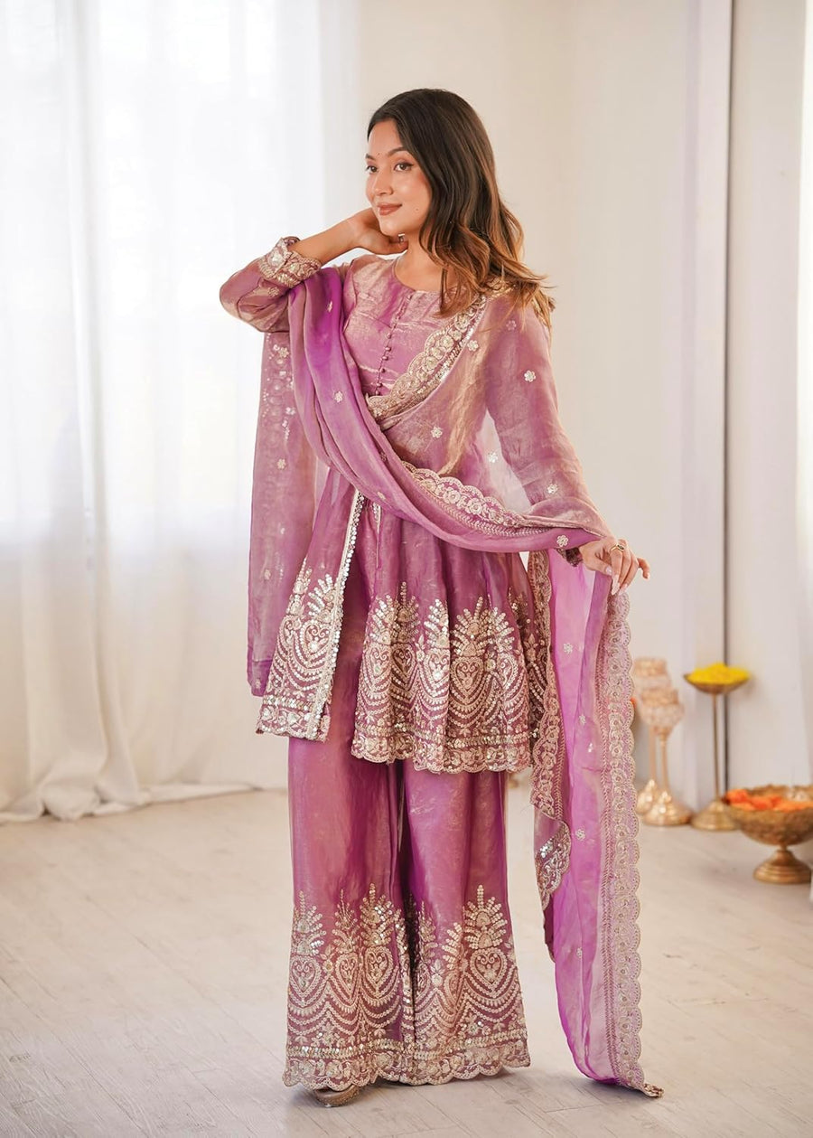 Aadesh Fashion Pink Shimmer Satin Peplum Kurti Sharara Set with Scalloped Dupatta