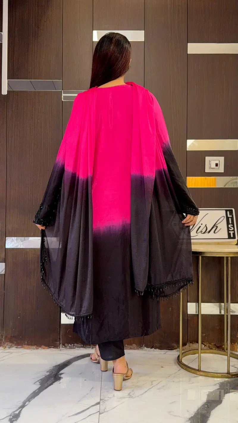 Aadesh Fashion Hot Pink & Black Crepe Silk Ombre Kurti Pant Set with Georgette Dupatta