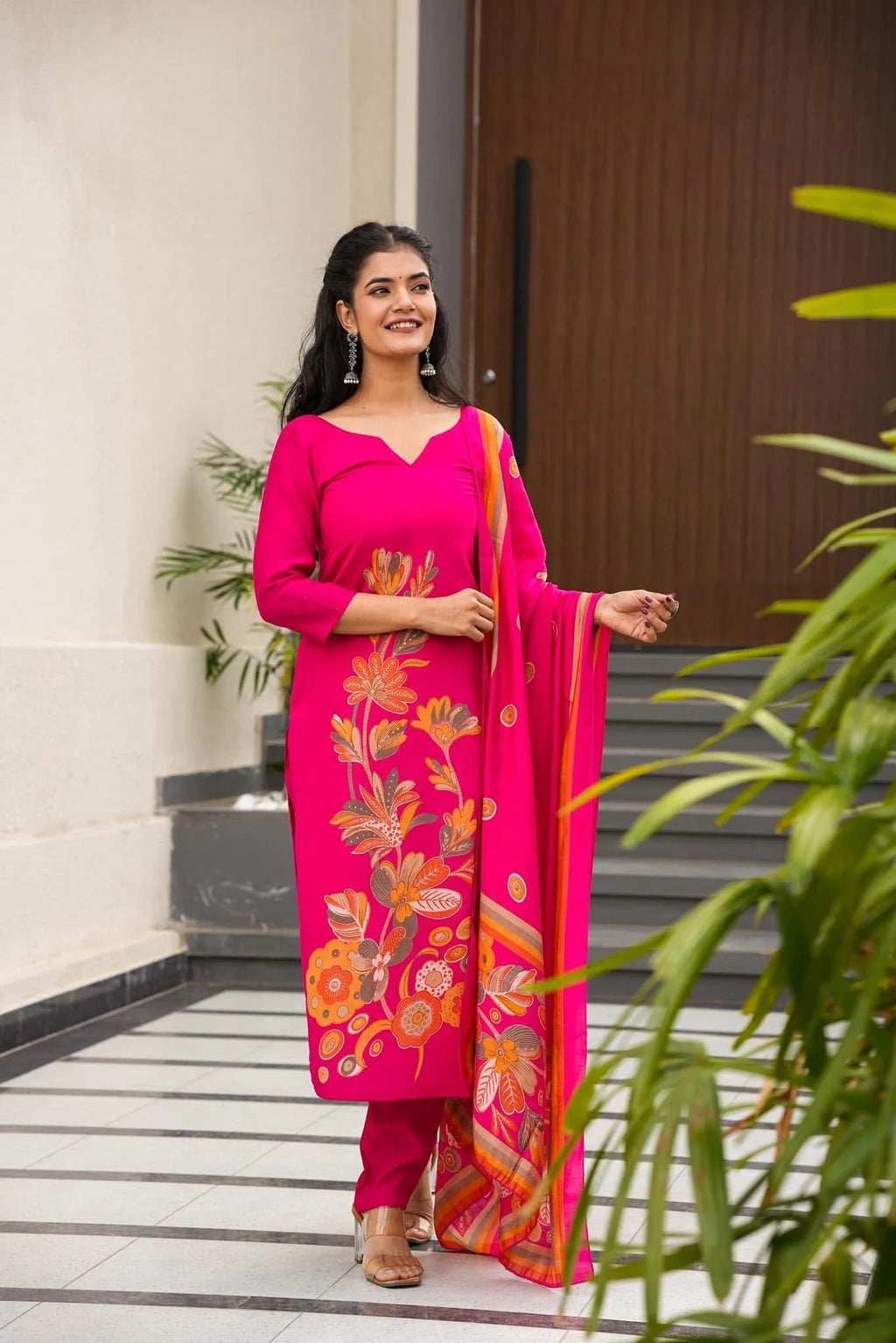 Aadesh Fashion Rani Pink Silk Floral Digital Position Printed Kurti Pant Set