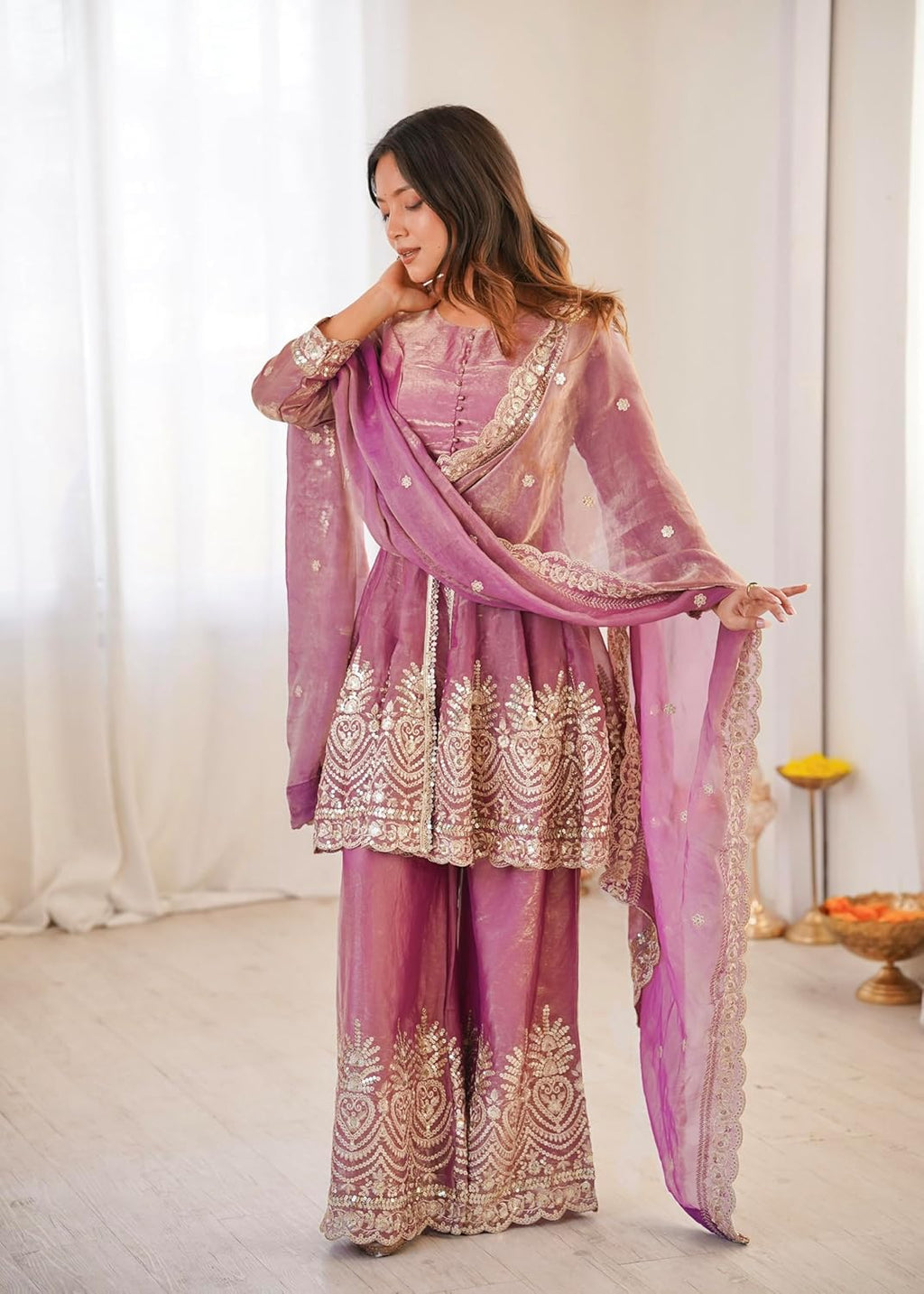 Aadesh Fashion Pink Shimmer Satin Peplum Kurti Sharara Set with Scalloped Dupatta