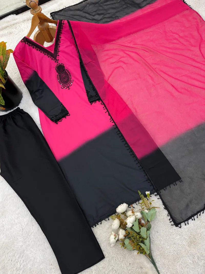Aadesh Fashion Hot Pink & Black Crepe Silk Ombre Kurti Pant Set with Georgette Dupatta
