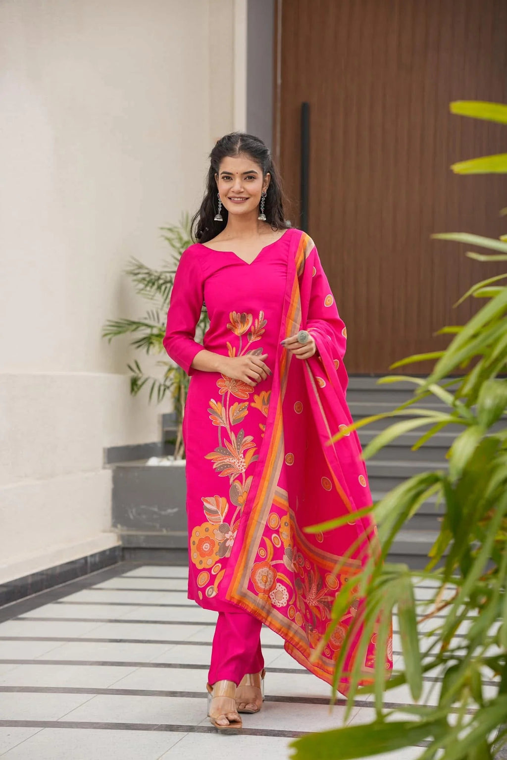 Aadesh Fashion Rani Pink Silk Floral Digital Position Printed Kurti Pant Set