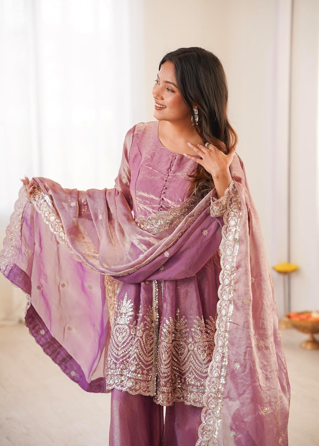 Aadesh Fashion Pink Shimmer Satin Peplum Kurti Sharara Set with Scalloped Dupatta