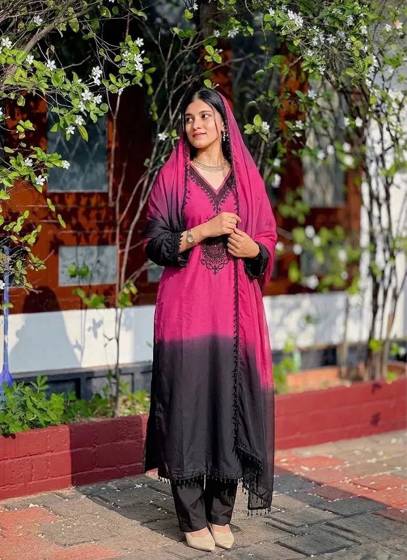 Aadesh Fashion Hot Pink & Black Crepe Silk Ombre Kurti Pant Set with Georgette Dupatta