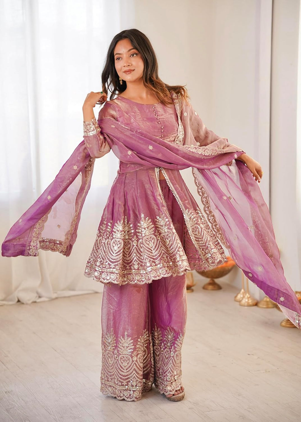 Aadesh Fashion Pink Shimmer Satin Peplum Kurti Sharara Set with Scalloped Dupatta