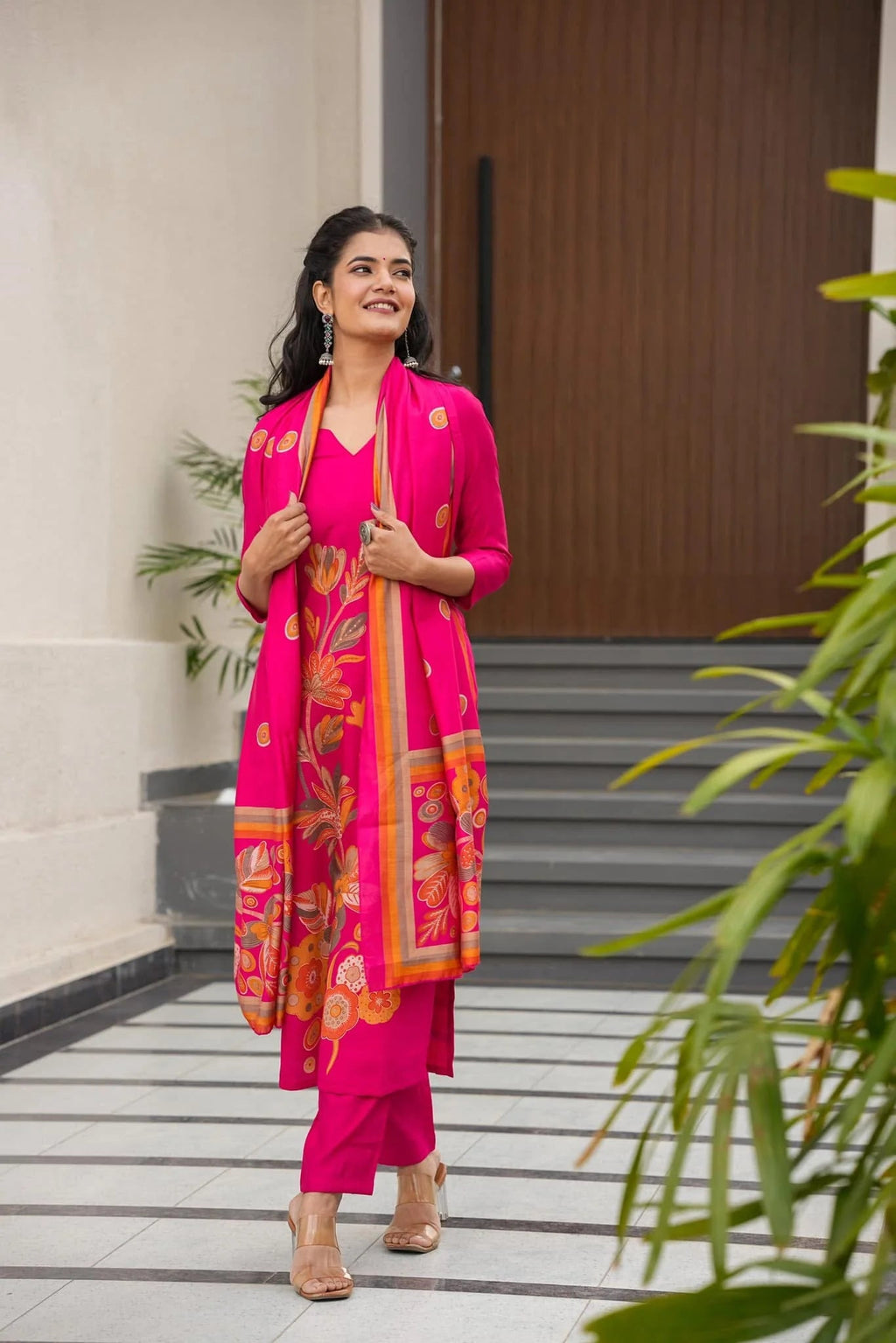 Aadesh Fashion Rani Pink Silk Floral Digital Position Printed Kurti Pant Set