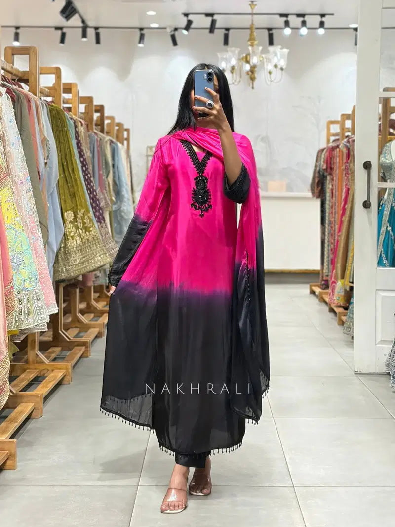 Aadesh Fashion Hot Pink & Black Crepe Silk Ombre Kurti Pant Set with Georgette Dupatta