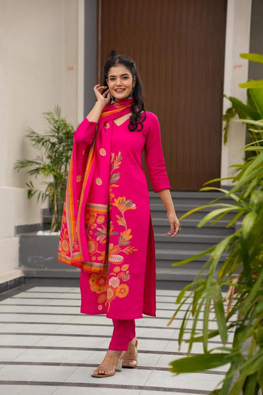Aadesh Fashion Rani Pink Silk Floral Digital Position Printed Kurti Pant Set