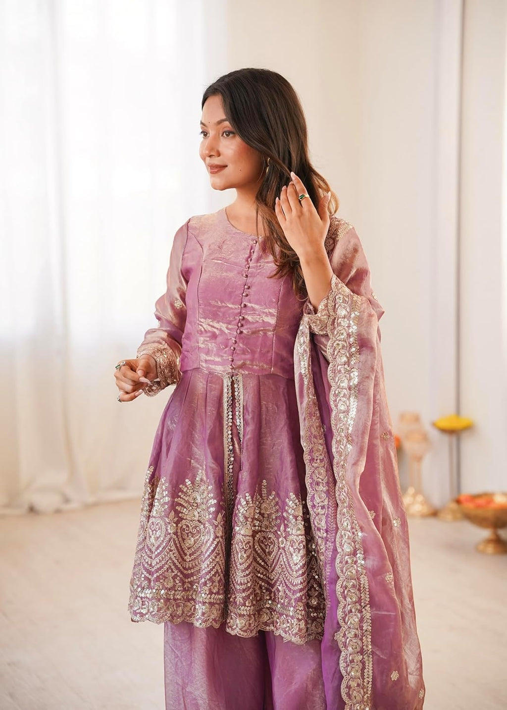 Aadesh Fashion Pink Shimmer Satin Peplum Kurti Sharara Set with Scalloped Dupatta