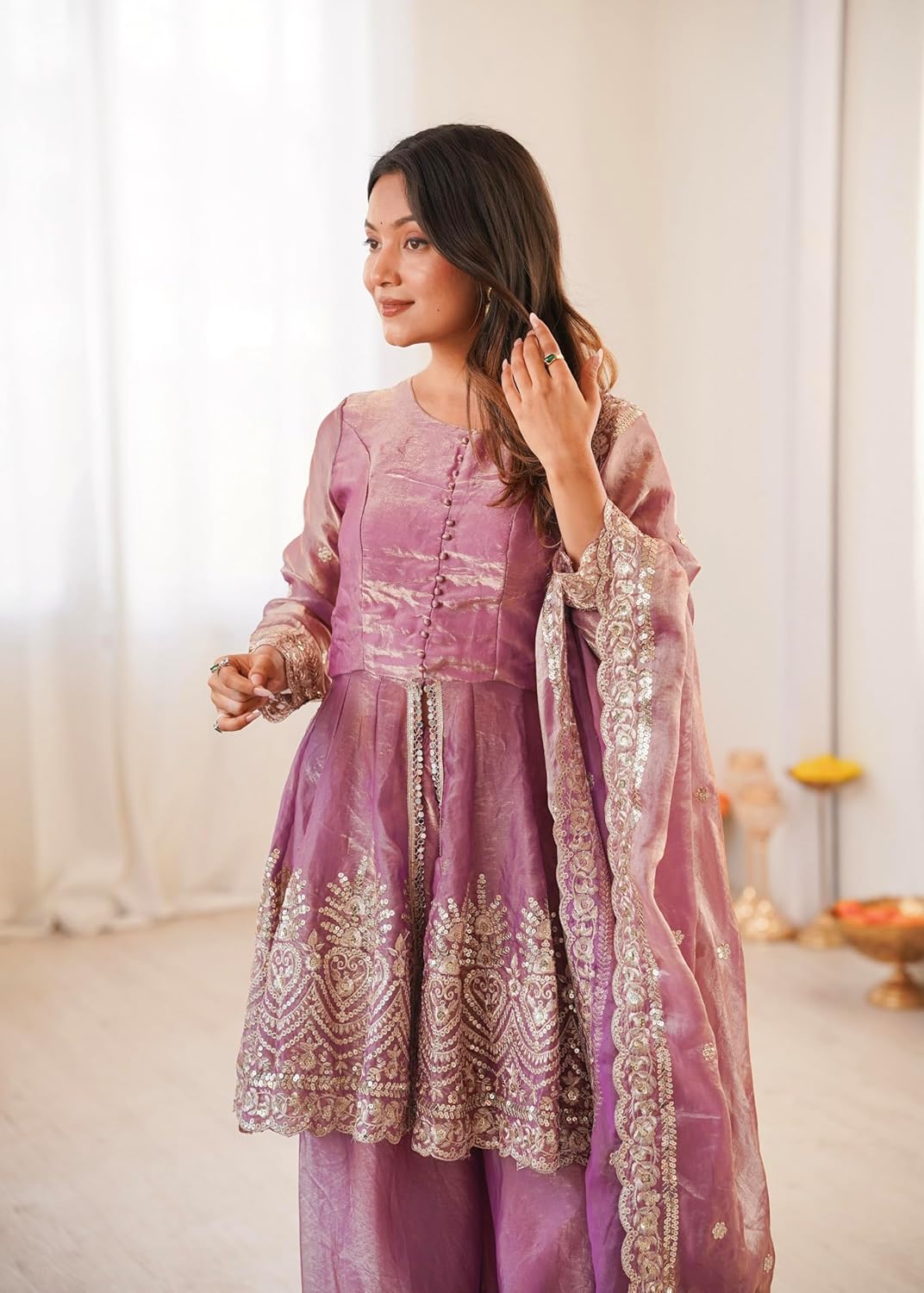 Aadesh Fashion Pink Shimmer Satin Peplum Kurti Sharara Set with Scalloped Dupatta