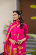 Aadesh Fashion Rani Pink Silk Floral Digital Position Printed Kurti Pant Set