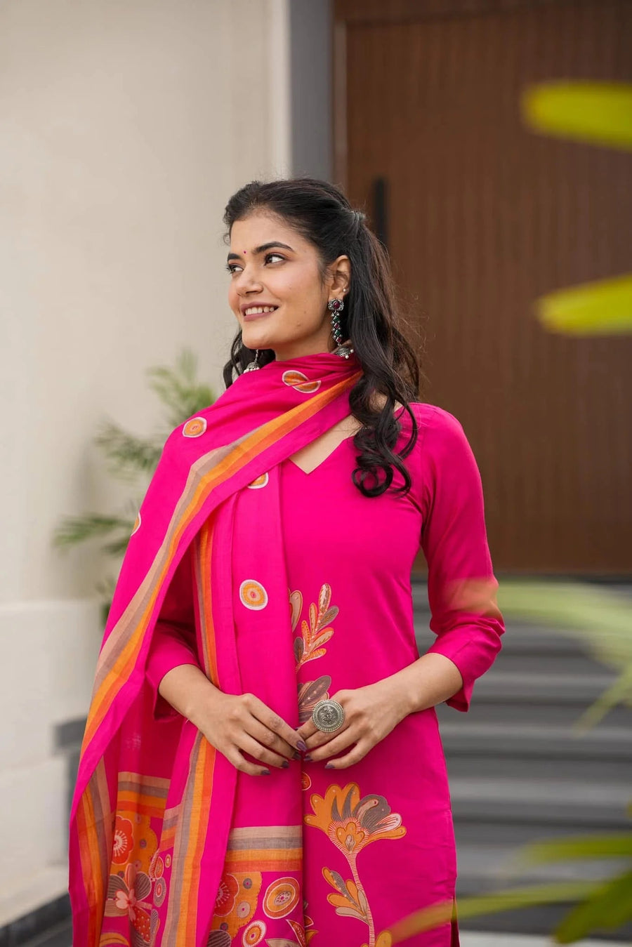 Aadesh Fashion Rani Pink Silk Floral Digital Position Printed Kurti Pant Set