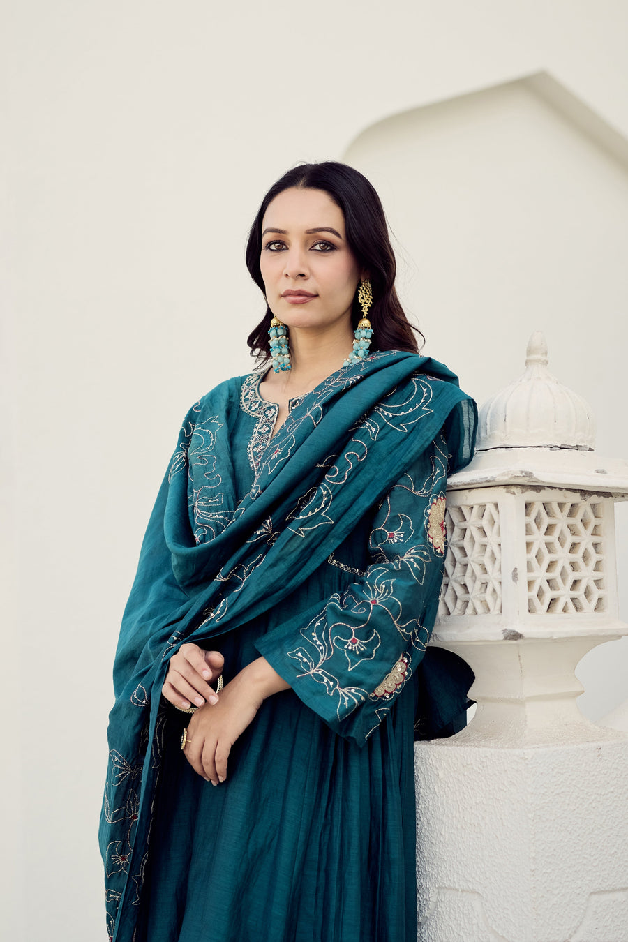 Rama Green Muslin Flared Anarkali Kurta Set – 3-Piece Heavy Zari Embroidered Suit with Muslin Dupatta