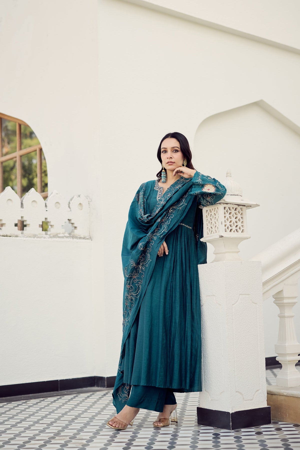 Rama Green Muslin Flared Anarkali Kurta Set – 3-Piece Heavy Zari Embroidered Suit with Muslin Dupatta