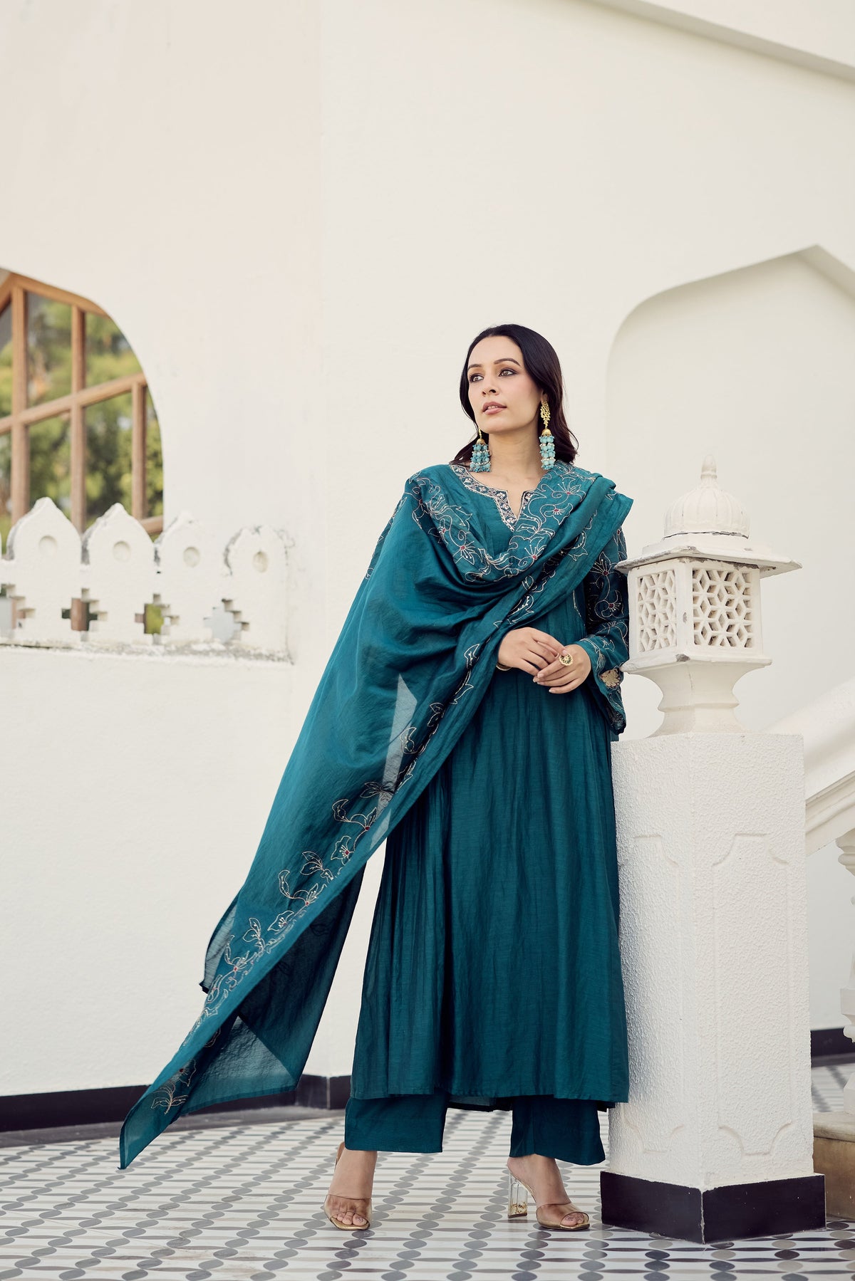 Rama Green Muslin Flared Anarkali Kurta Set – 3-Piece Heavy Zari Embroidered Suit with Muslin Dupatta