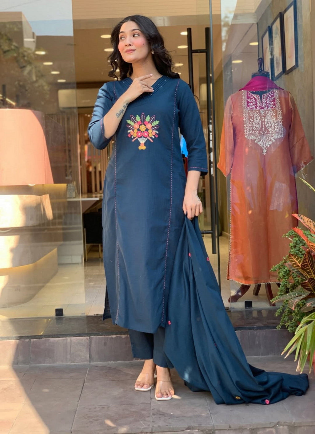 Aadesh Fashion Prussian Blue Rayon Slub V-Neck Kurti Pant Set with Chanderi Dupatta