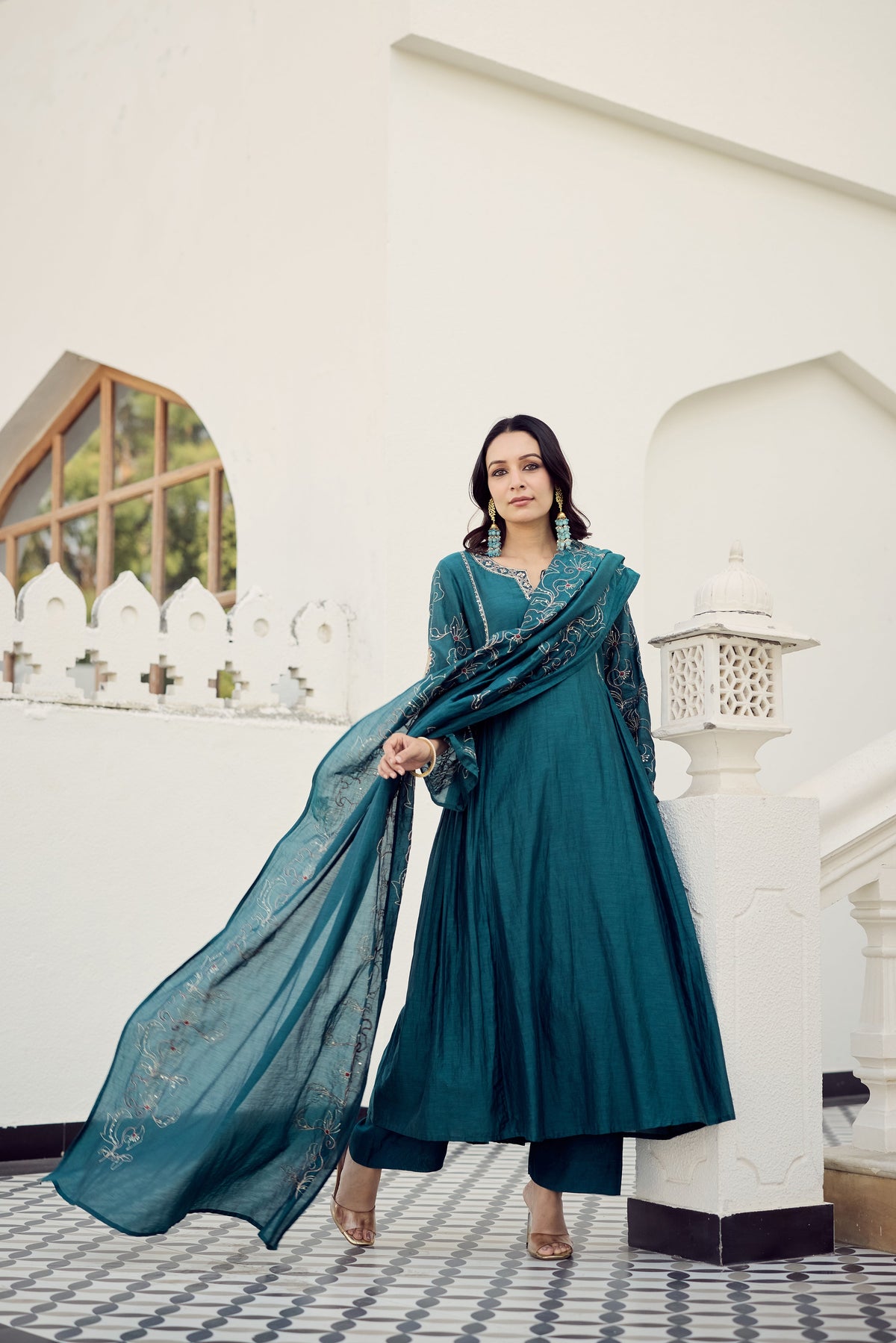 Rama Green Muslin Flared Anarkali Kurta Set – 3-Piece Heavy Zari Embroidered Suit with Muslin Dupatta