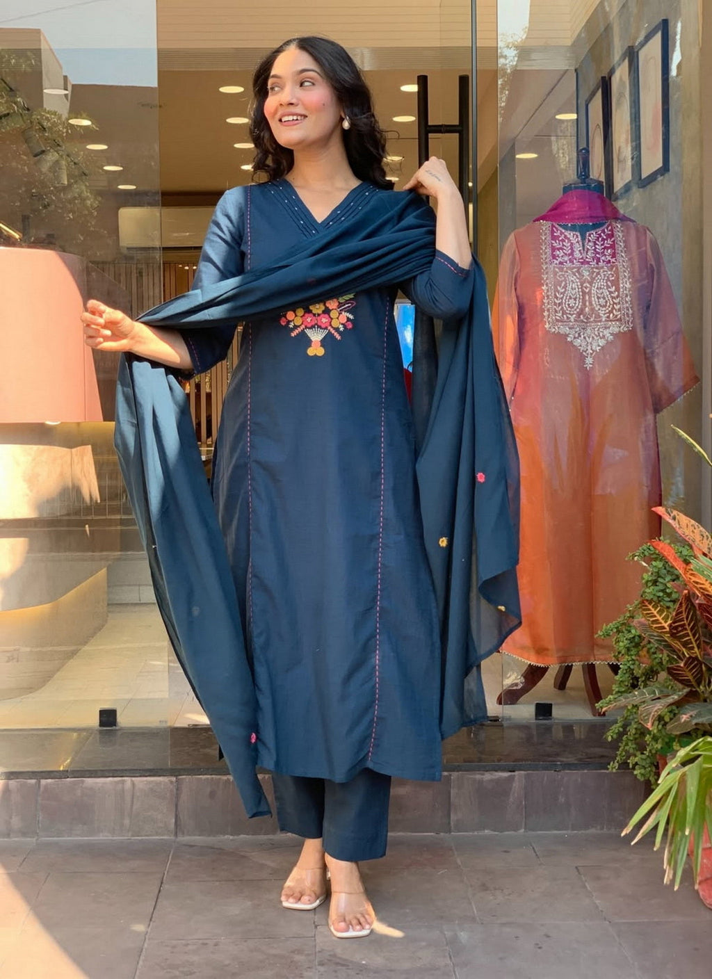 Aadesh Fashion Prussian Blue Rayon Slub V-Neck Kurti Pant Set with Chanderi Dupatta