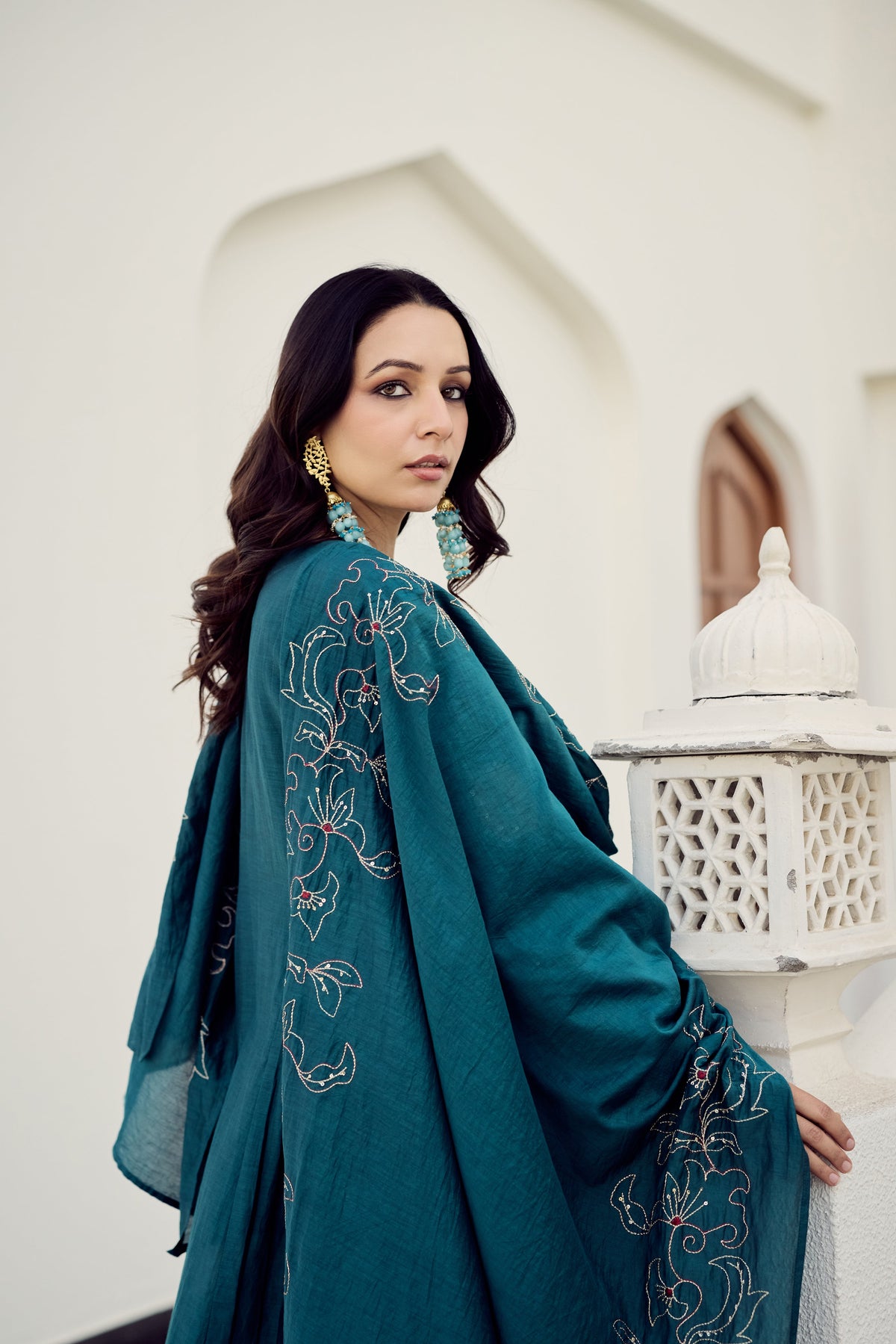 Rama Green Muslin Flared Anarkali Kurta Set – 3-Piece Heavy Zari Embroidered Suit with Muslin Dupatta