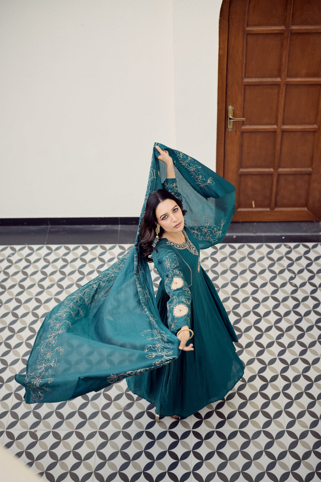 Rama Green Muslin Flared Anarkali Kurta Set – 3-Piece Heavy Zari Embroidered Suit with Muslin Dupatta
