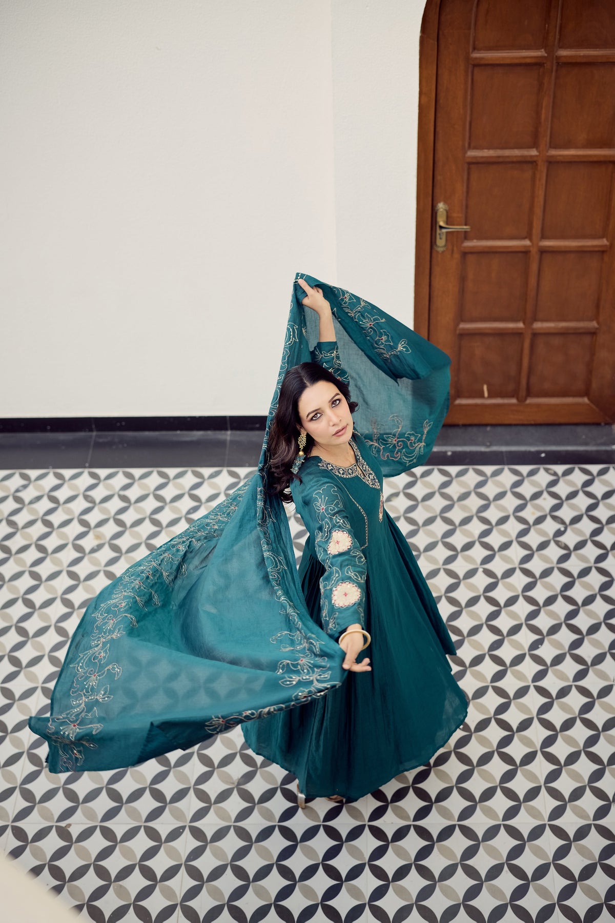 Rama Green Muslin Flared Anarkali Kurta Set – 3-Piece Heavy Zari Embroidered Suit with Muslin Dupatta