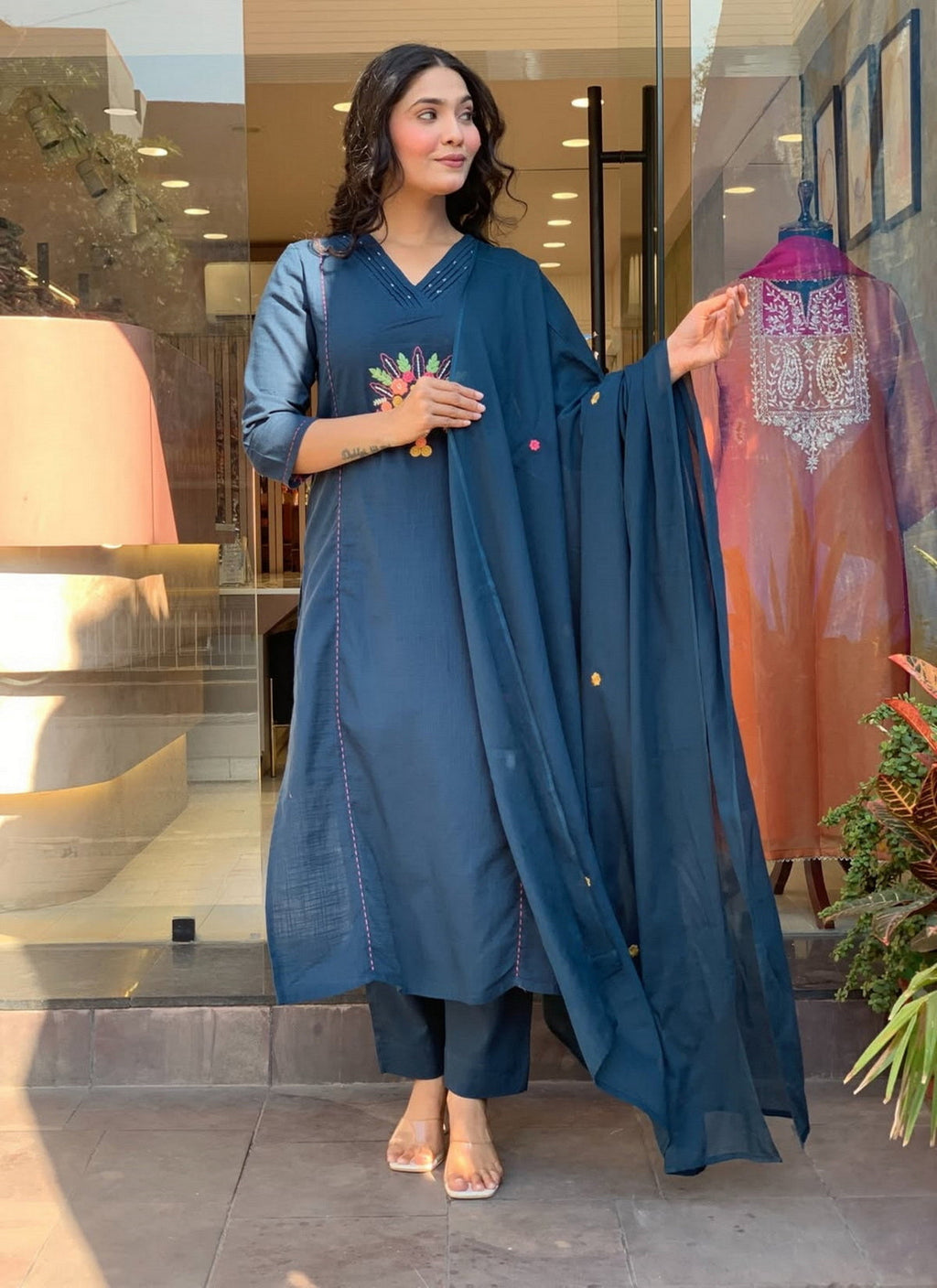 Aadesh Fashion Prussian Blue Rayon Slub V-Neck Kurti Pant Set with Chanderi Dupatta