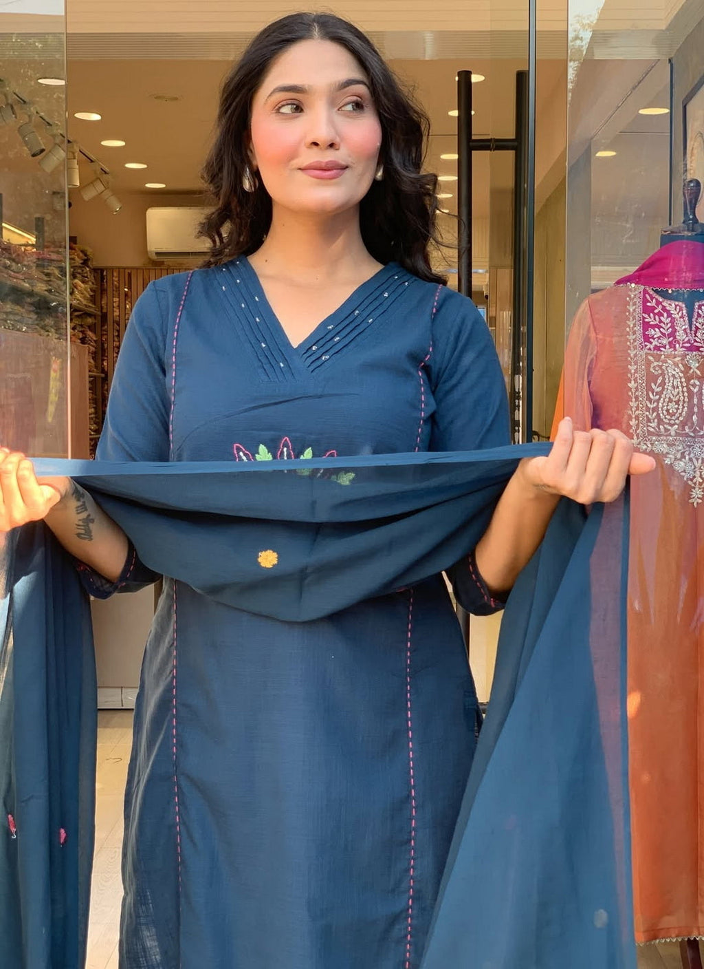 Aadesh Fashion Prussian Blue Rayon Slub V-Neck Kurti Pant Set with Chanderi Dupatta