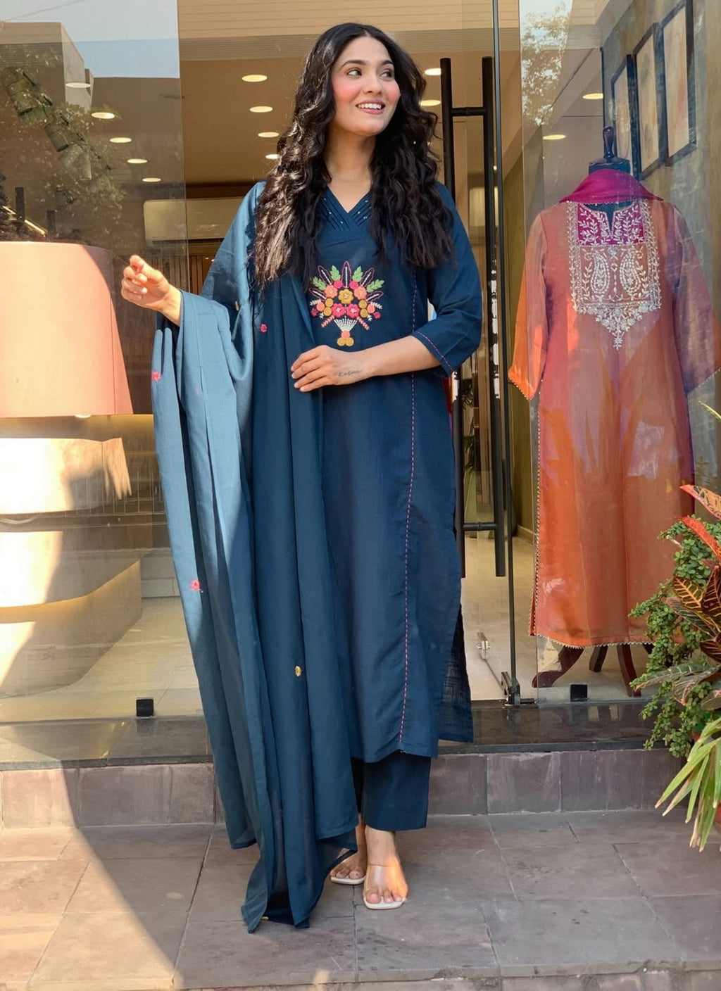 Aadesh Fashion Prussian Blue Rayon Slub V-Neck Kurti Pant Set with Chanderi Dupatta