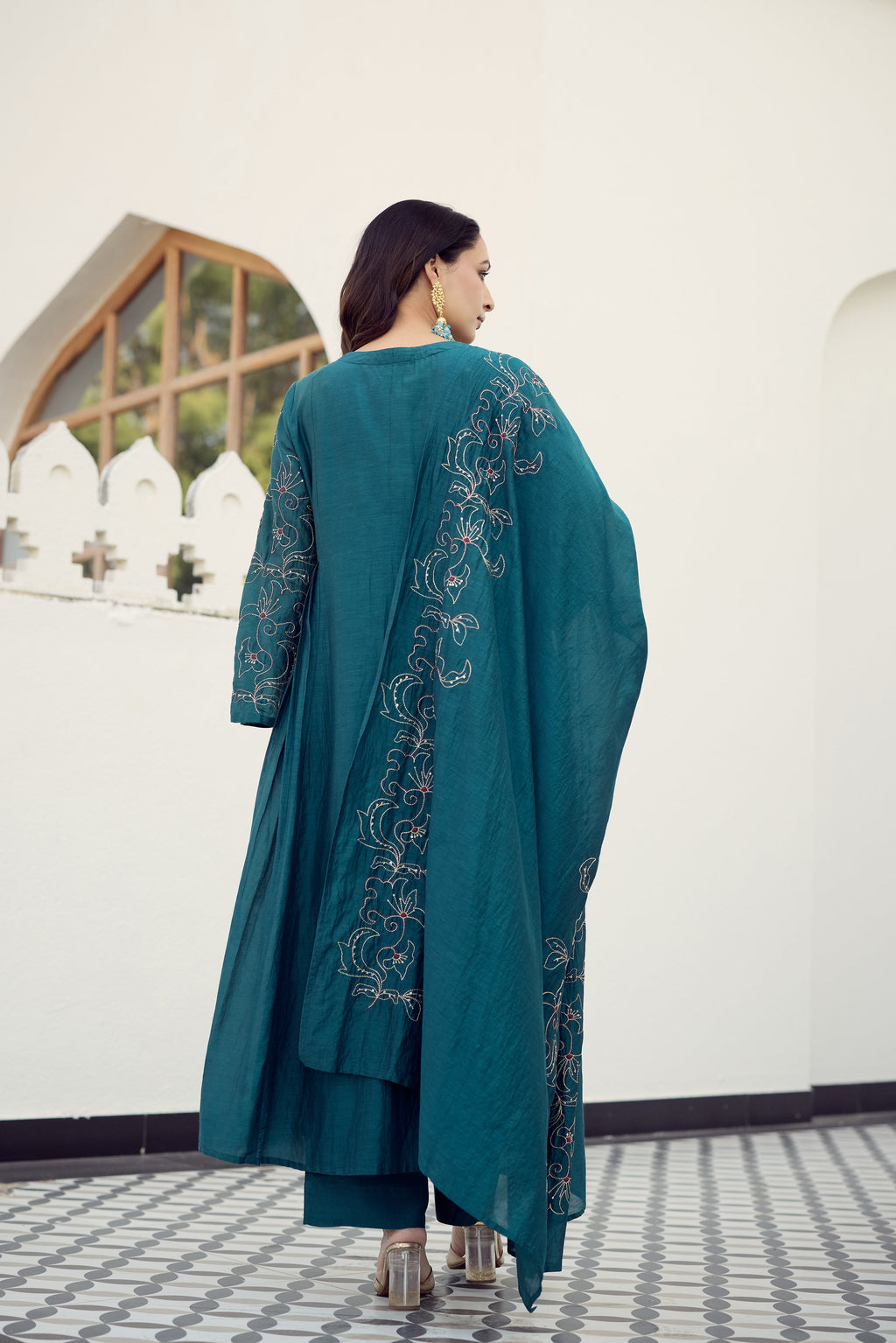 Rama Green Muslin Flared Anarkali Kurta Set – 3-Piece Heavy Zari Embroidered Suit with Muslin Dupatta