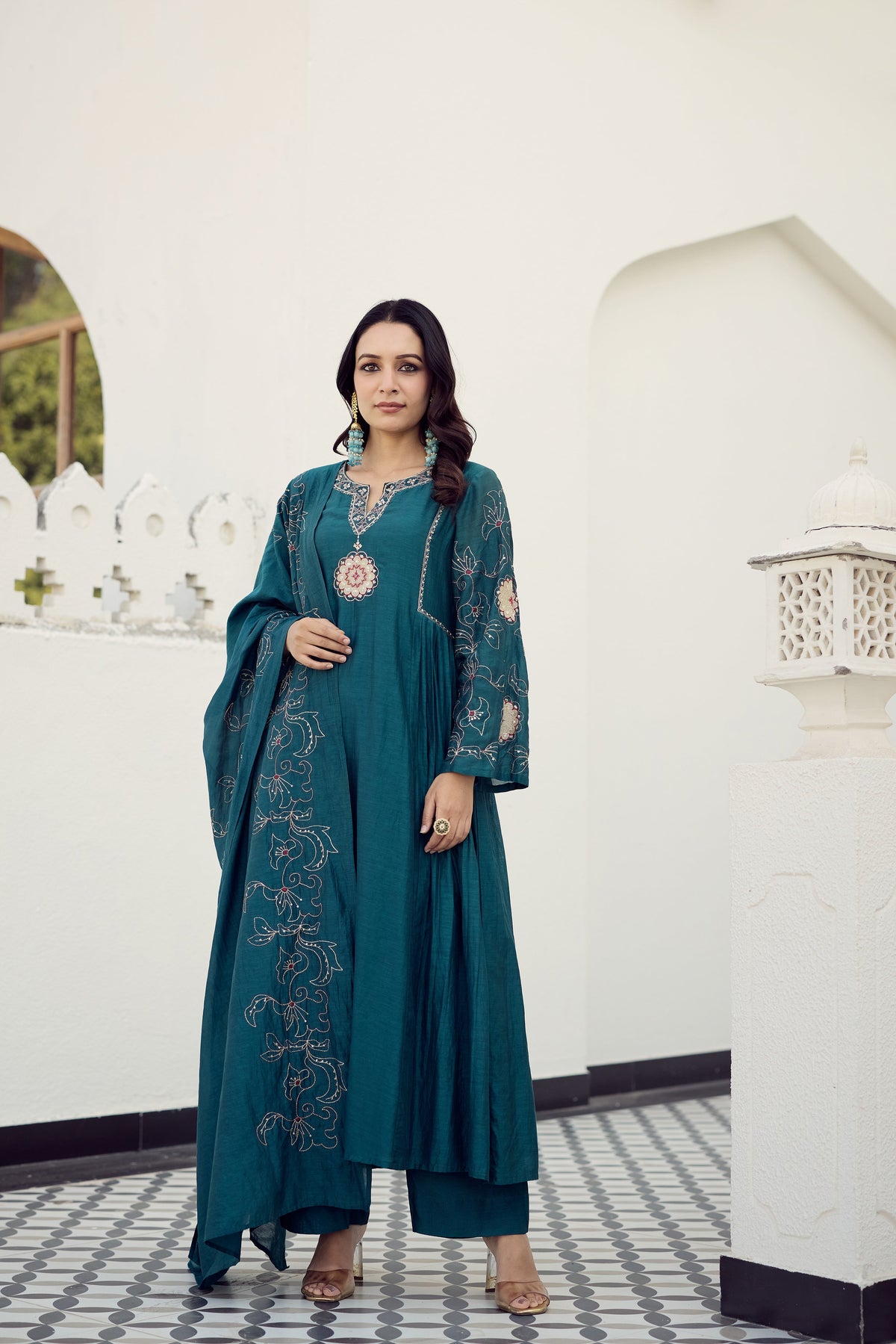 Rama Green Muslin Flared Anarkali Kurta Set – 3-Piece Heavy Zari Embroidered Suit with Muslin Dupatta