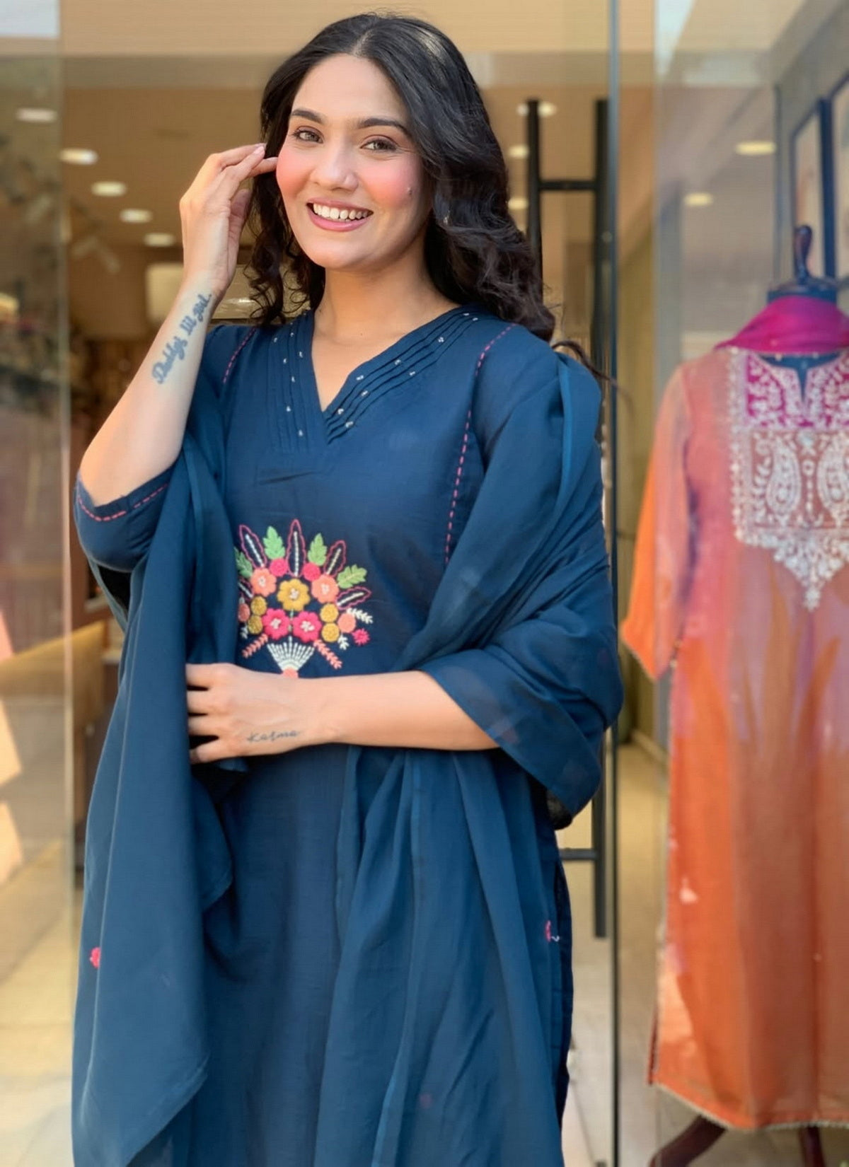 Aadesh Fashion Prussian Blue Rayon Slub V-Neck Kurti Pant Set with Chanderi Dupatta