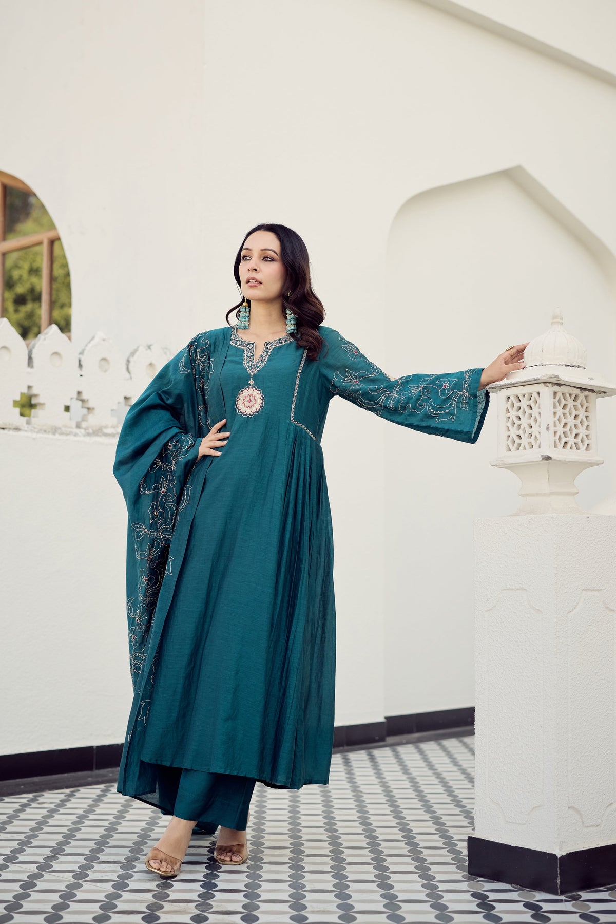 Rama Green Muslin Flared Anarkali Kurta Set – 3-Piece Heavy Zari Embroidered Suit with Muslin Dupatta