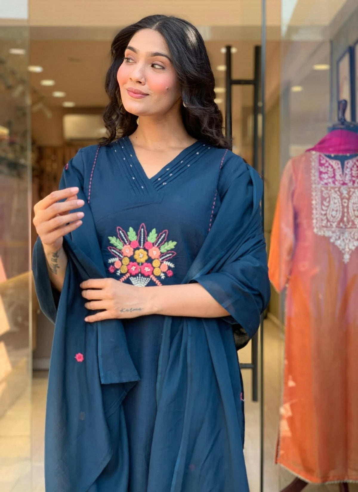 Aadesh Fashion Prussian Blue Rayon Slub V-Neck Kurti Pant Set with Chanderi Dupatta